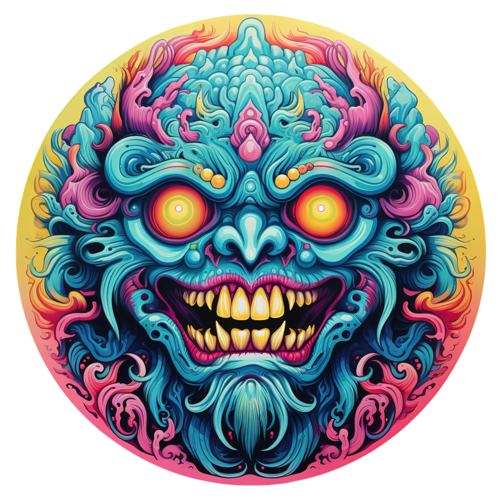 A vibrant stylized illustration of a monstrous face is centered png
