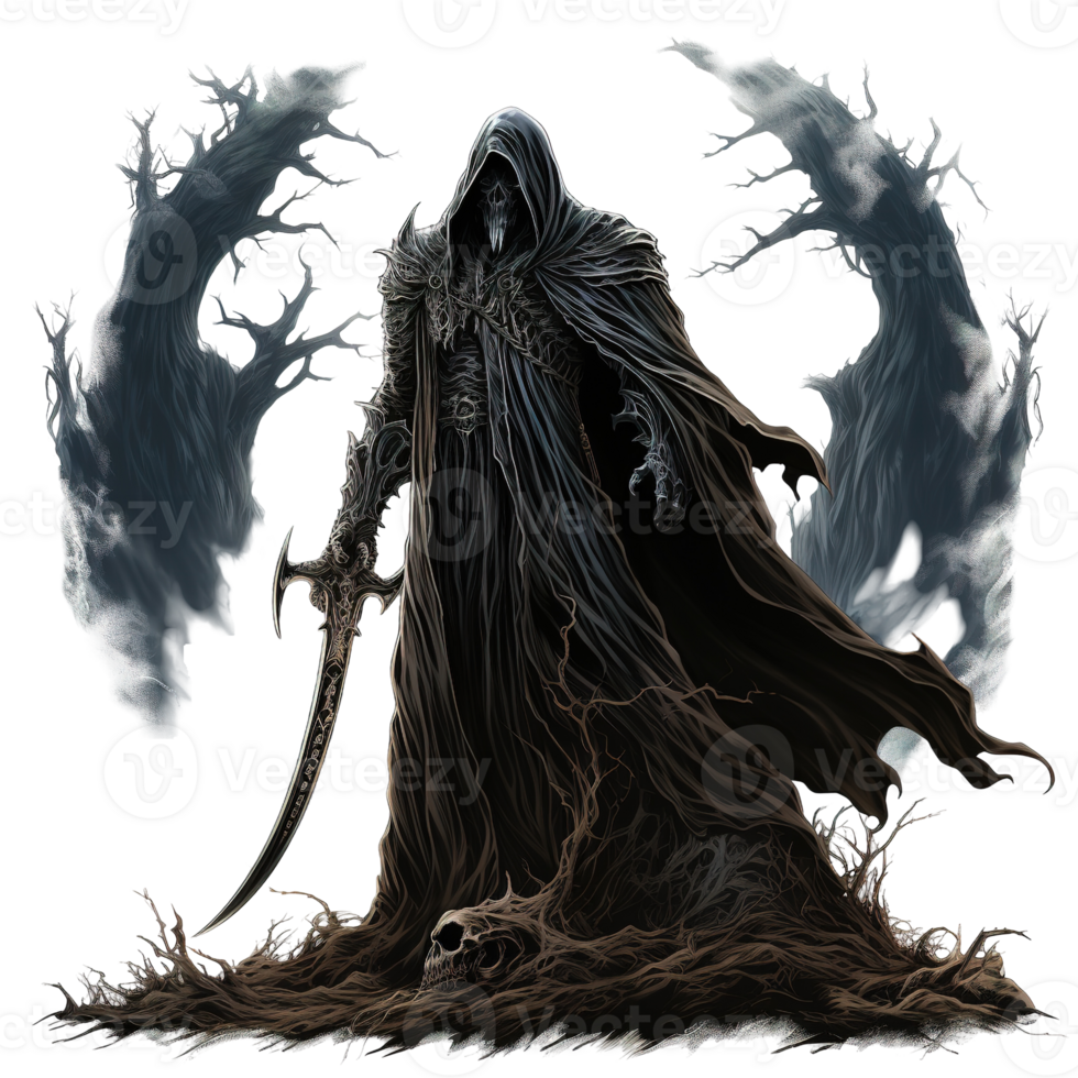 A cloaked figure stands with a sword and shadowy ethereal presence png