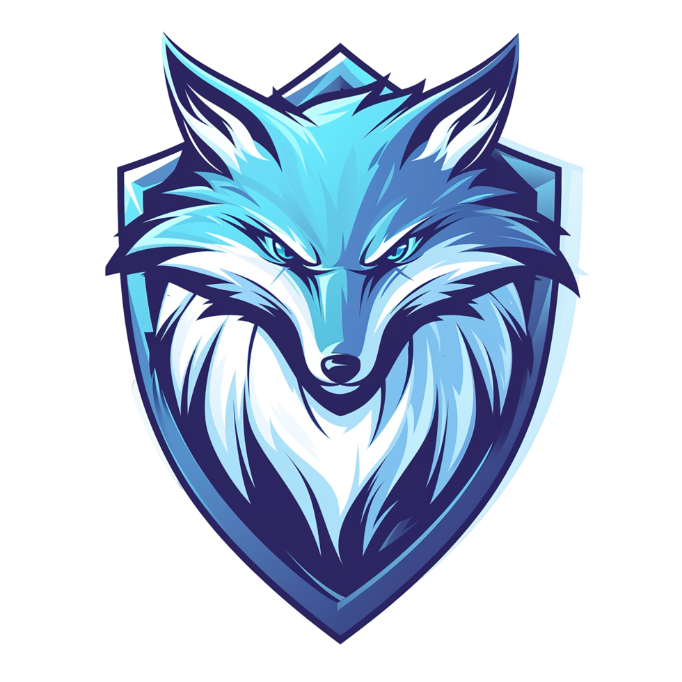 A stylized blue and white fox head within a shield design png