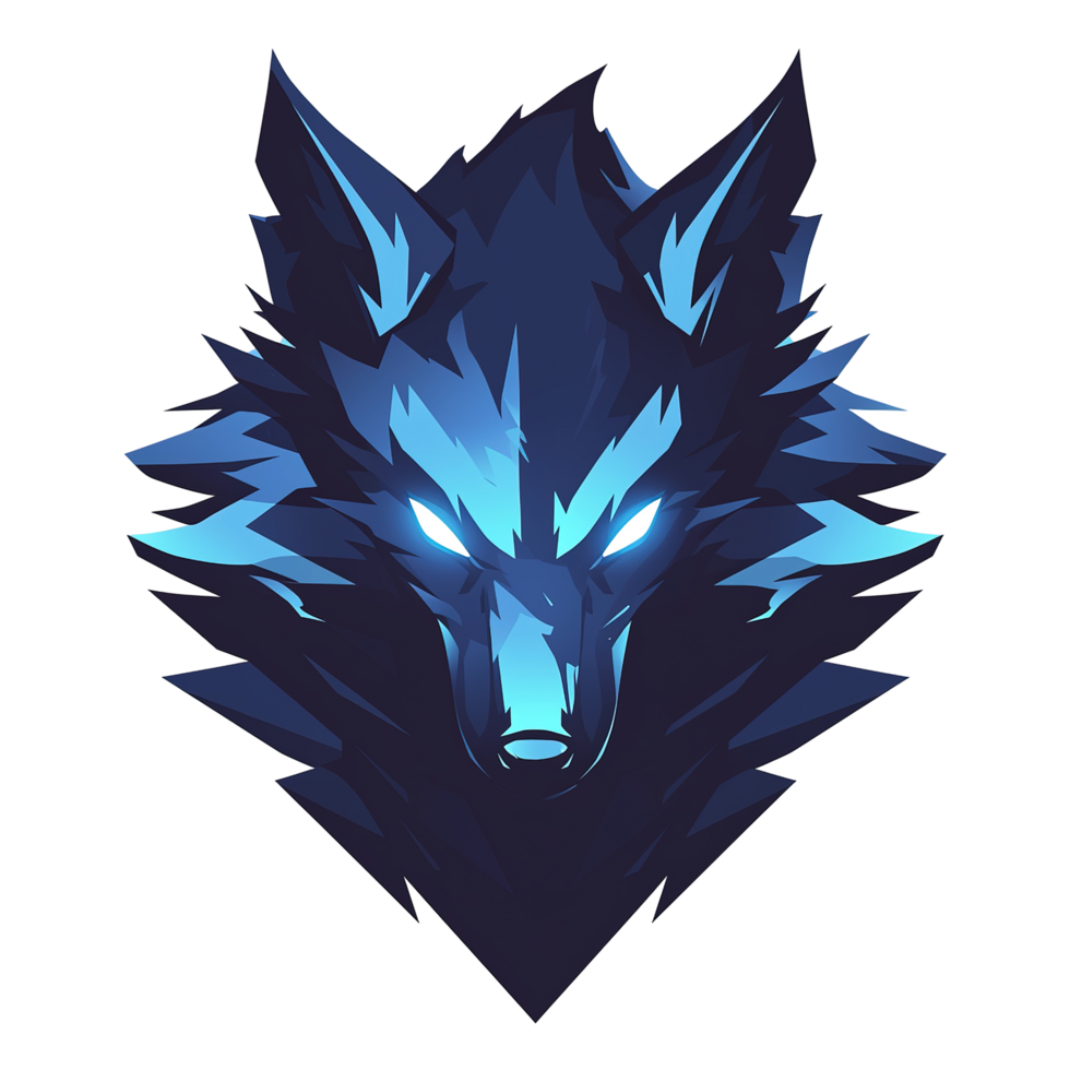An artistic digital illustration of a stylized glowing wolf face png