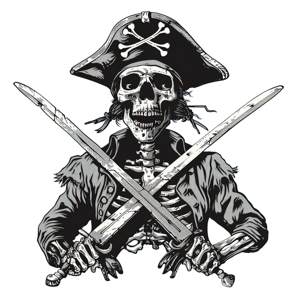 A spooky illustration depicting a pirate skeleton wielding crossed swords png