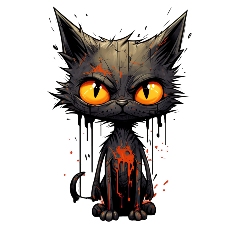 An angry cartoon cat with splatters of orange color is sitting png