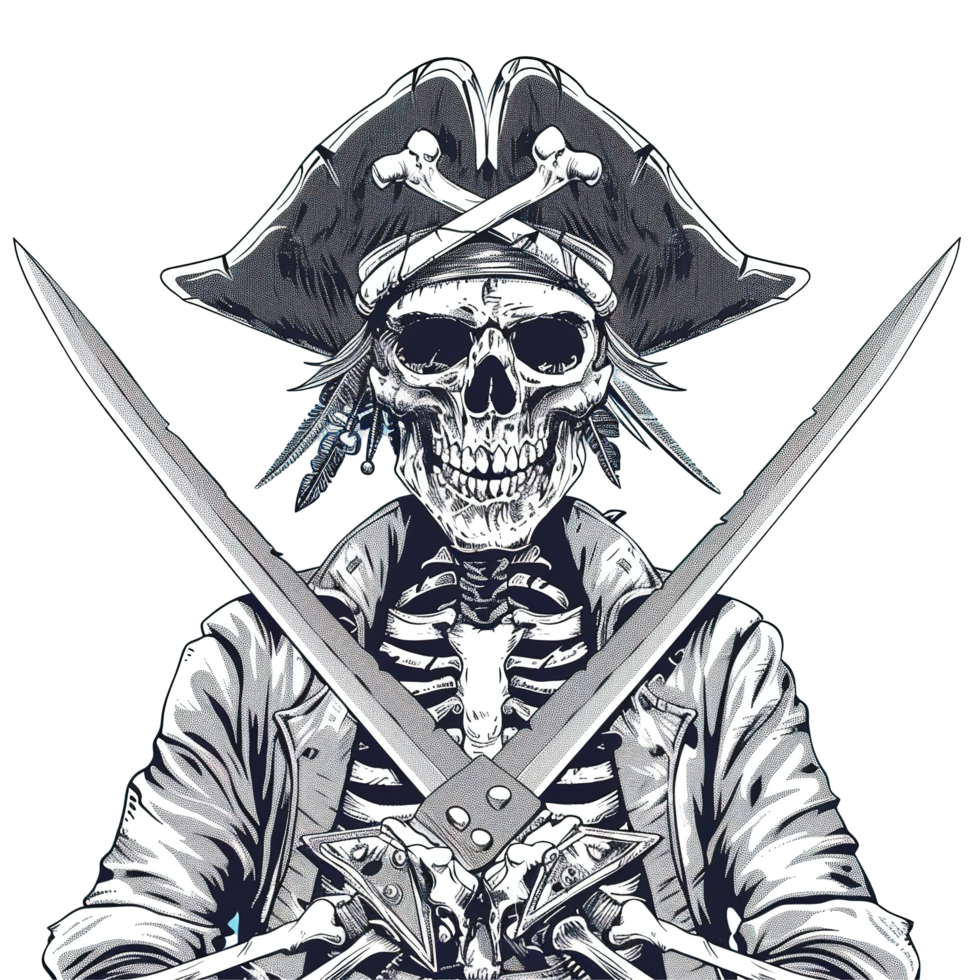 A skeletal pirate with crossed swords and a feathered hat png