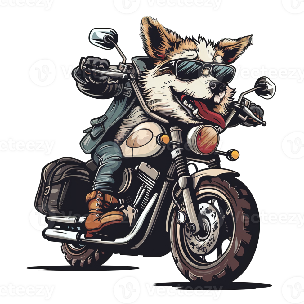 Cool dog character riding a motorcycle down an open road png