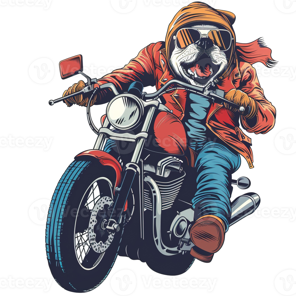 An anthropomorphic dog enjoys riding his motorcycle down the open road png