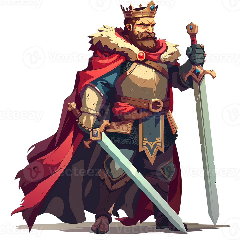 A regal king stands armed and armored with two gleaming swords png