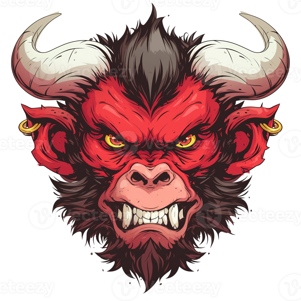 A fearsome red demon character with horns and sharp teeth png