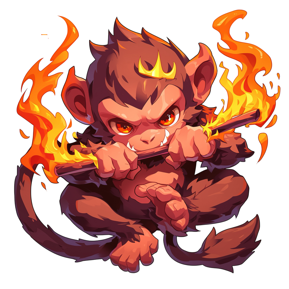 A cartoonish primate with burning flames and angry expression png