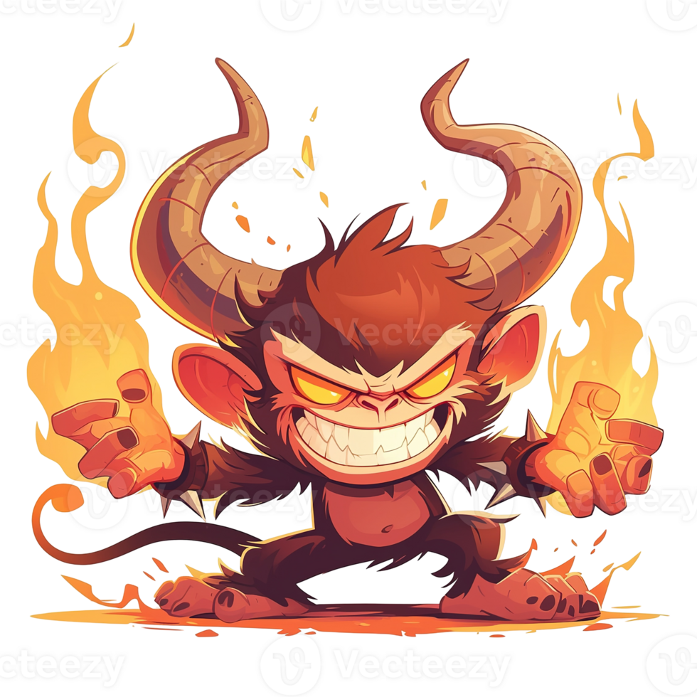 A cartoon demonic monkey displaying fiery horns and a menacing grin png