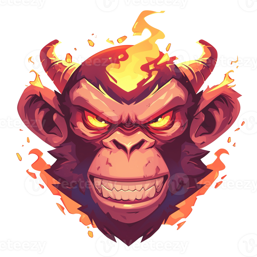 Fierce monkey with blazing flames emanating from the head png