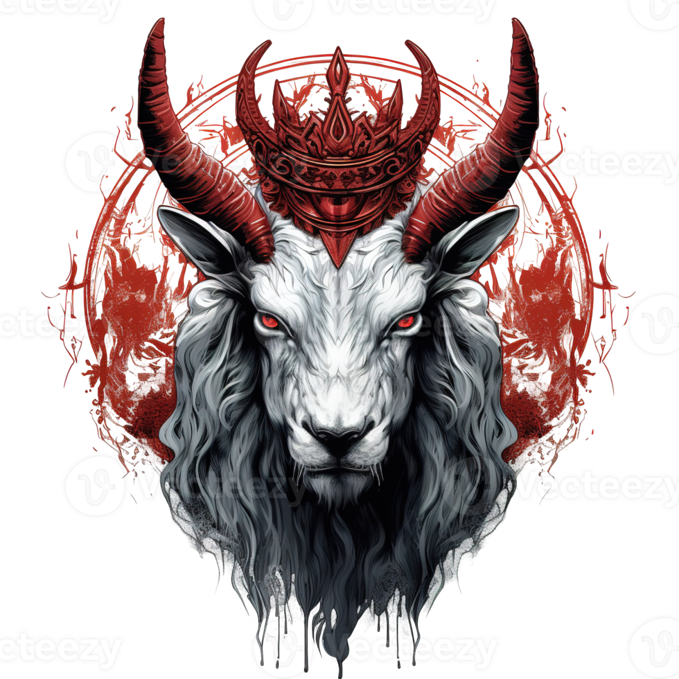 An artistic illustration depicts a crowned goat with red eyes and horns png