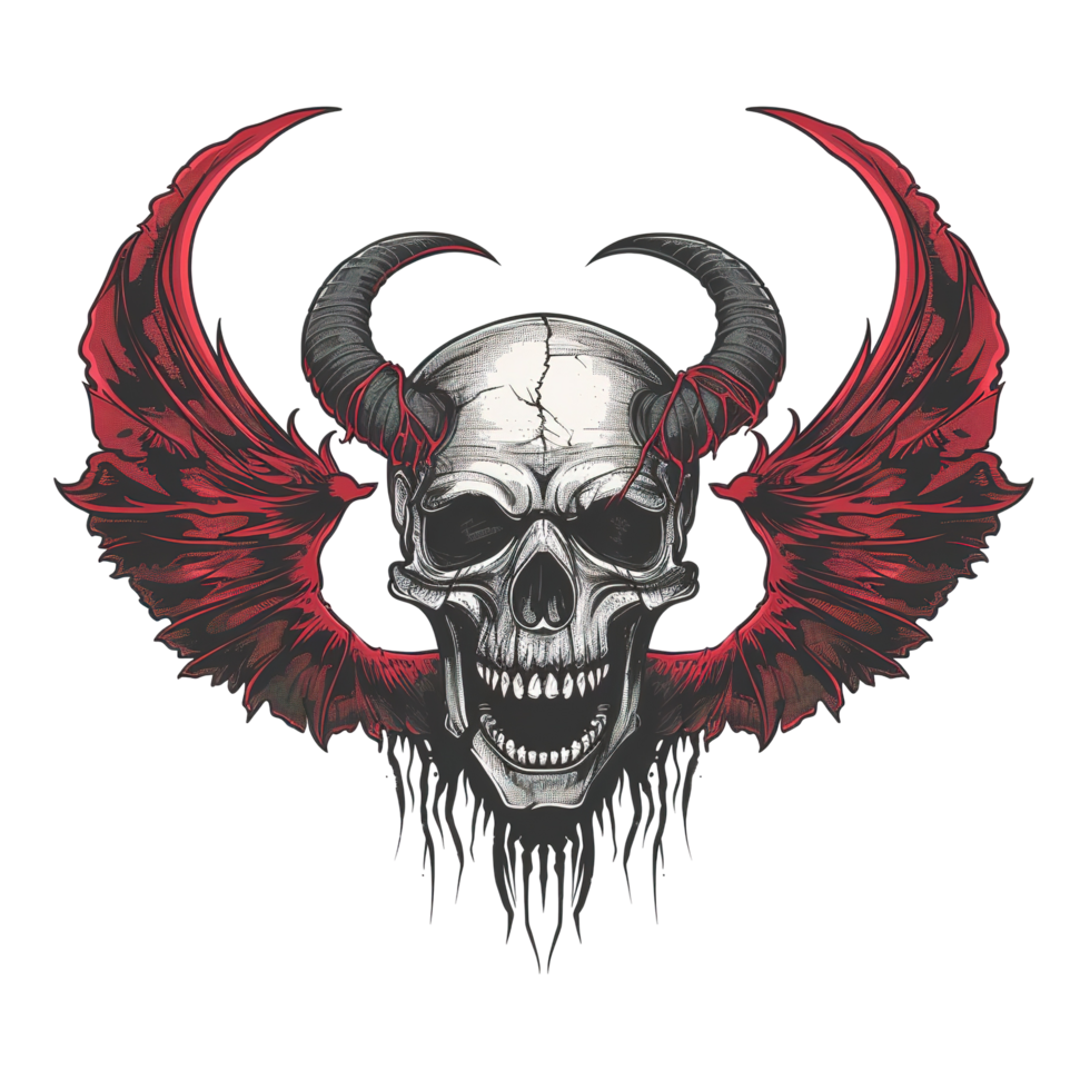 A detailed illustration of a skull with feathered wings and horns png