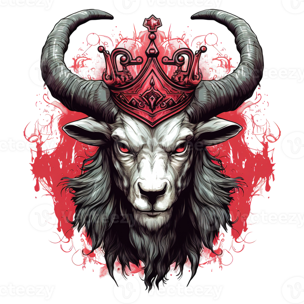A regal goat adorned with a crown and prominent curved horns png