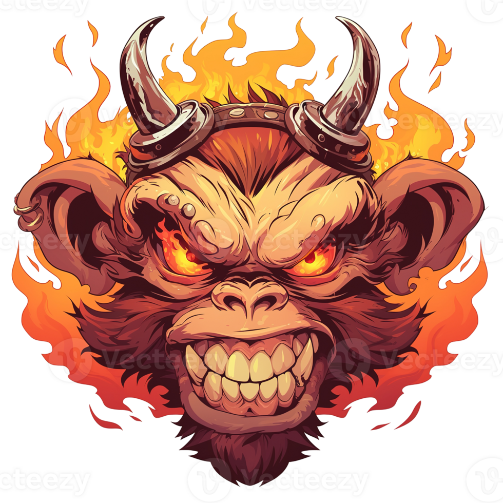 Fierce cartoon monkey character wearing horns and surrounded by flames png