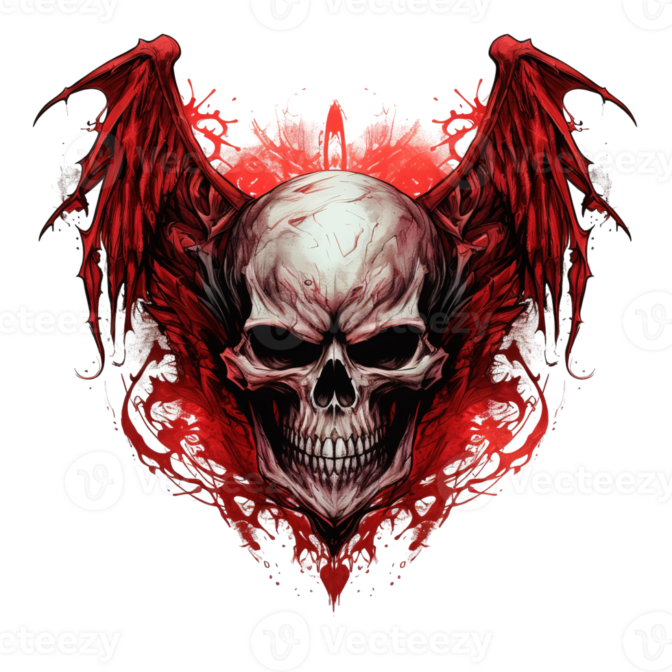 A detailed illustration of a skull with red demonic wings png