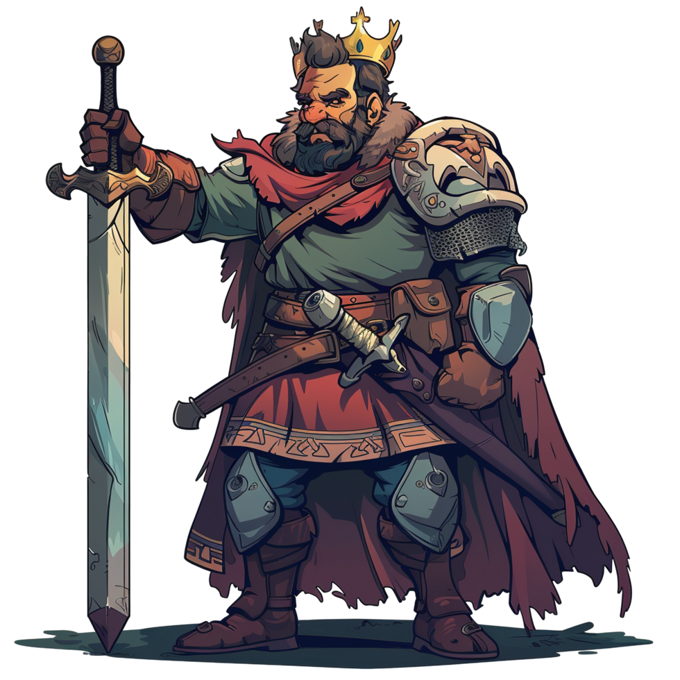 Armed king holding a sword wearing armor and a regal crown png