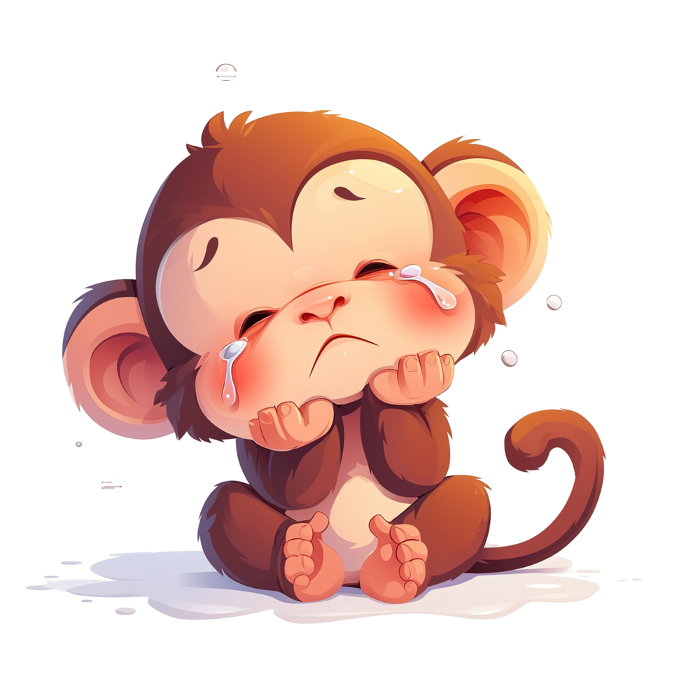 A cute cartoon monkey is seen in a sad and crying posture png