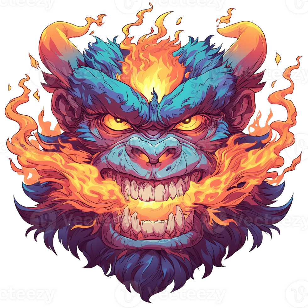 A fierce monster face adorned with fiery orange flames and fury png