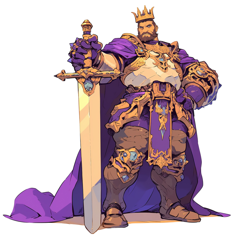 A regal king in royal armor holding a gleaming sword png