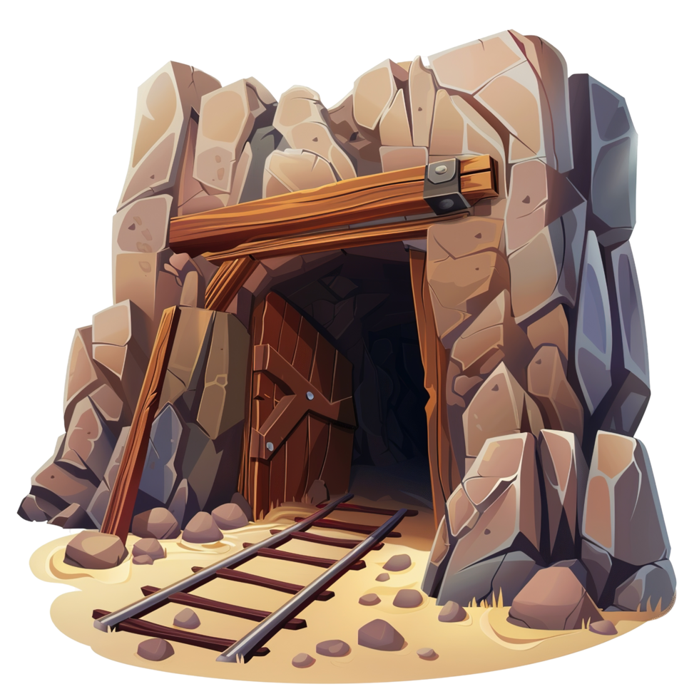 A detailed illustration depicting a mine entrance in a rocky mountain png