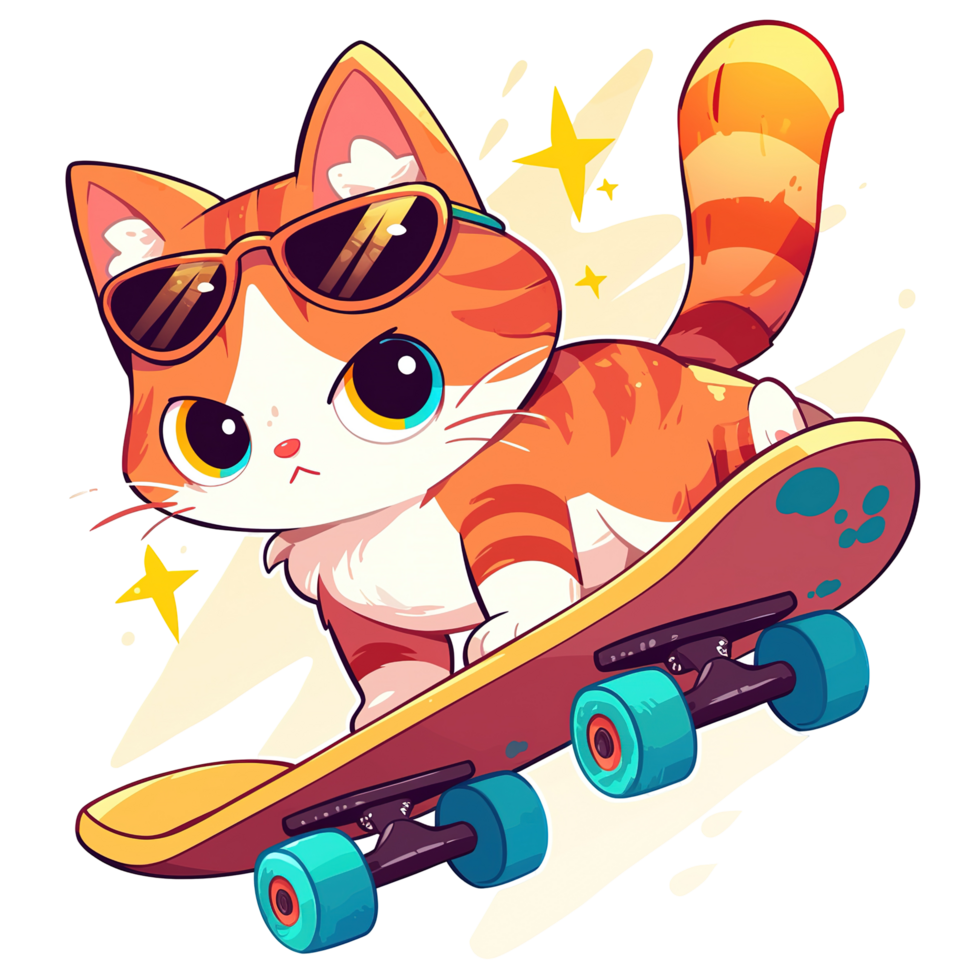 A cool orange and white cat wearing sunglasses rides a skateboard png