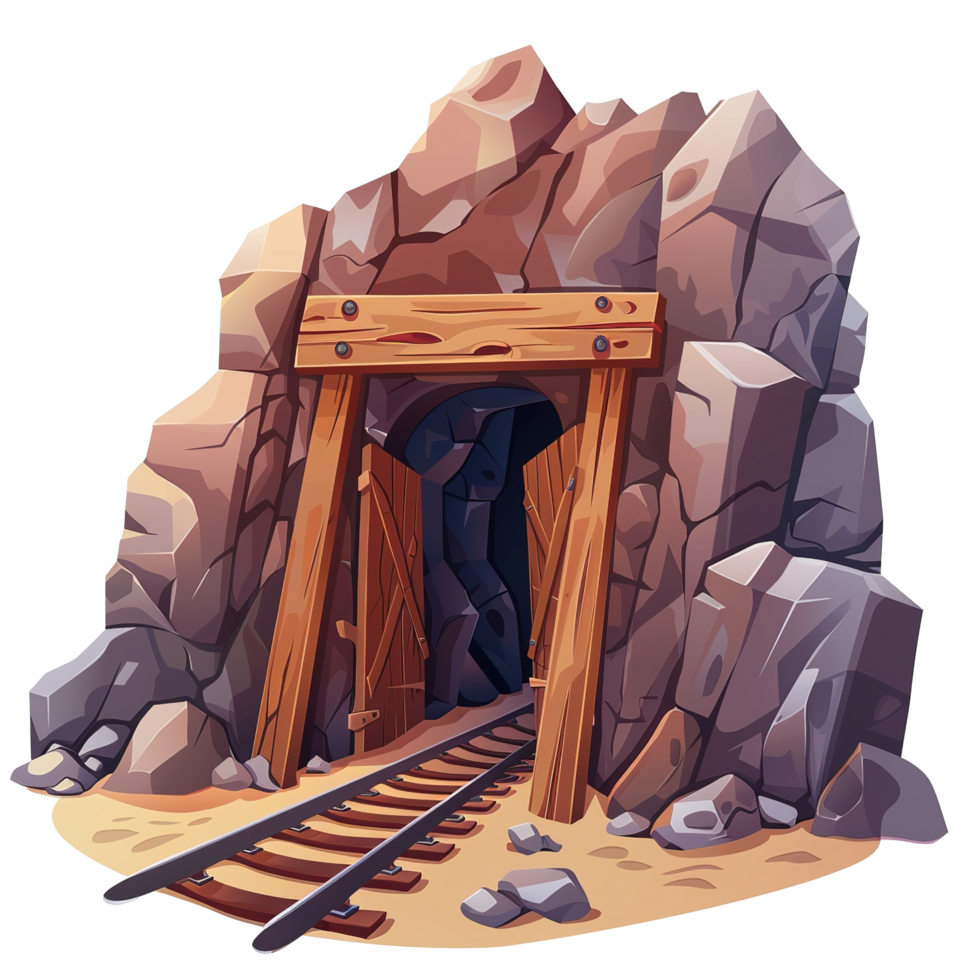 An illustrated entrance to a mine tunnel carved in rock png