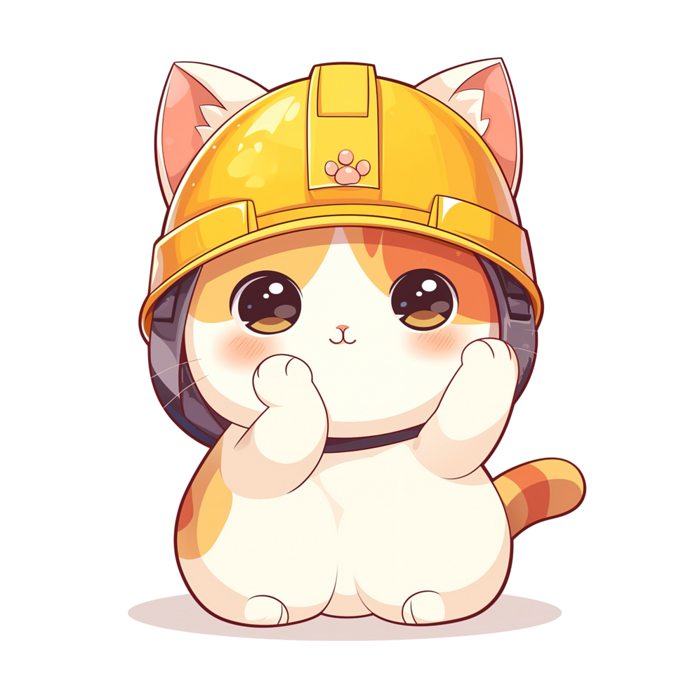 Adorable Cartoon Cat Wearing Protective Construction Worker Helmet png