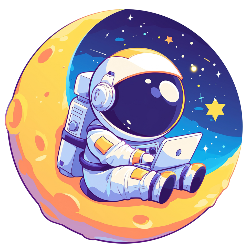 A cartoon astronaut sitting on the crescent moon working on a laptop png