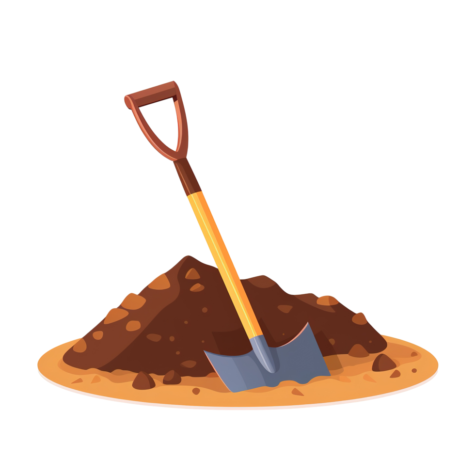 A cartoon depiction of a shovel leaning on a soil pile png