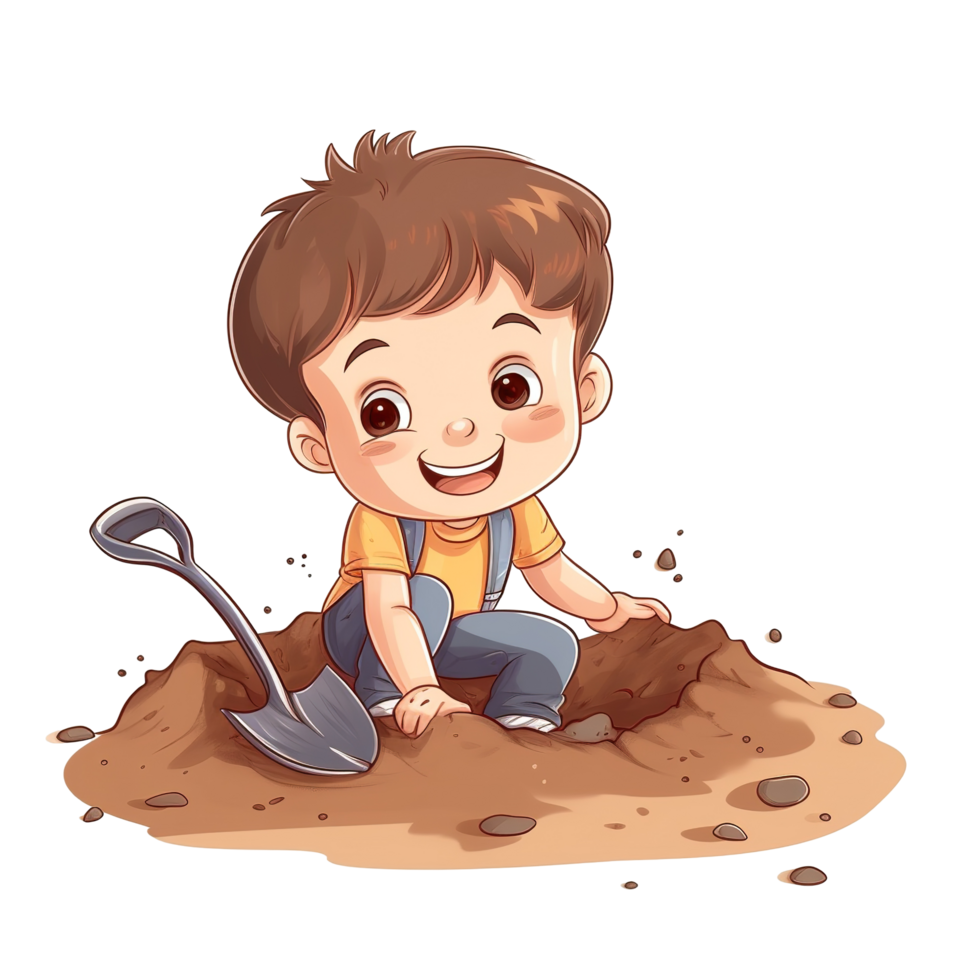 A smiling young boy digs with a shovel in the dirt png