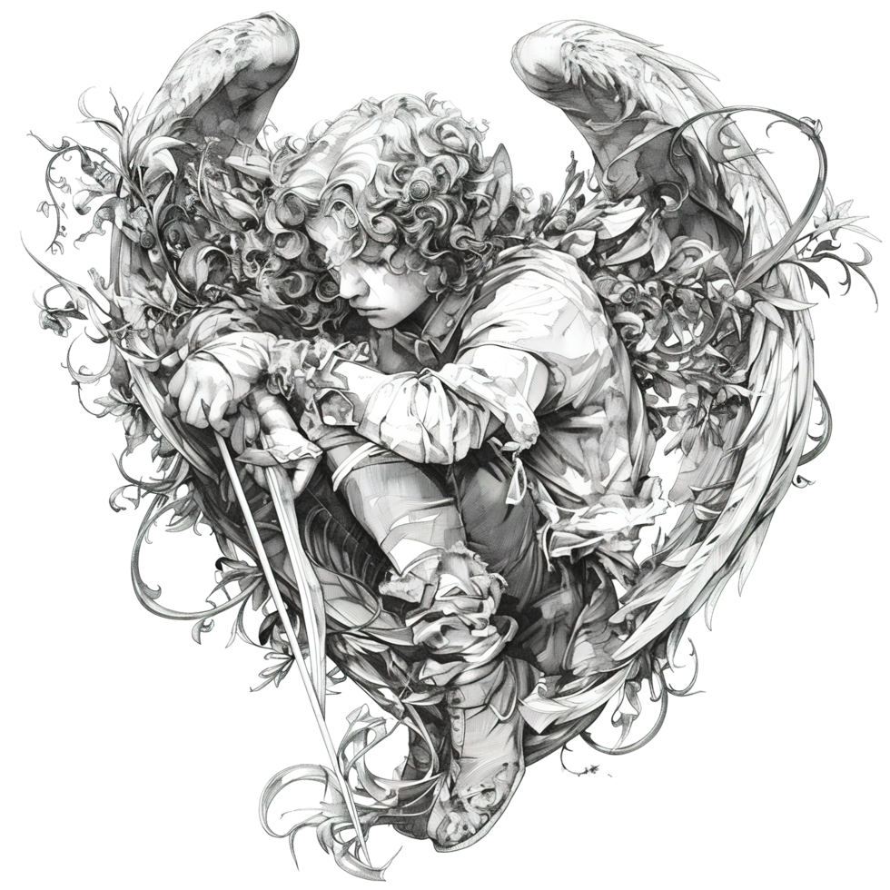 A winged figure with a sword surrounded by elaborate foliage png