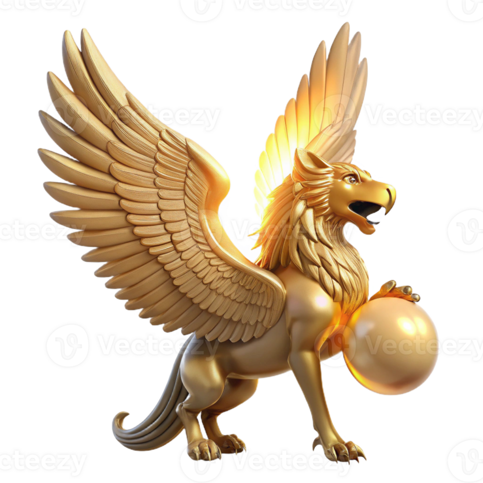 magnificent abstract A majestic griffin, wings spread wide against a fiery sunset, feathers tipped with gold, clutching a glowing orb in its talons, intricate Art Deco style professional png