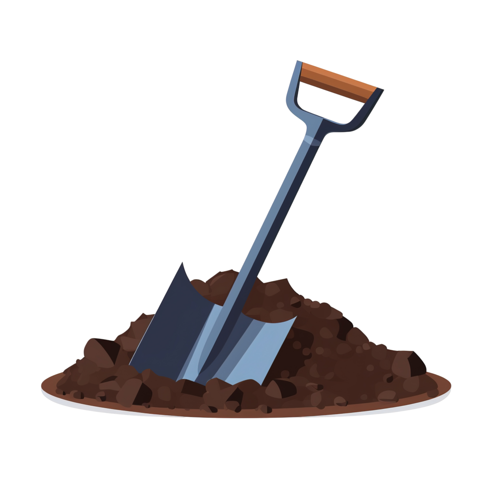 A shovel stuck in a pile of dark brown cultivated soil png