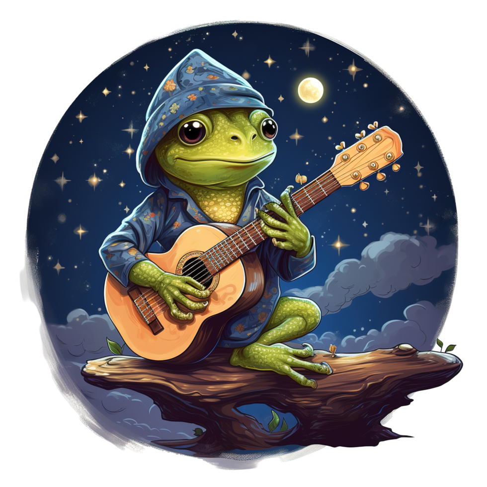 A cartoon frog serenades under a starry sky with a guitar png