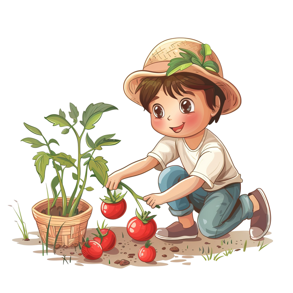 A cheerful child harvesting ripe red tomatoes in a garden png