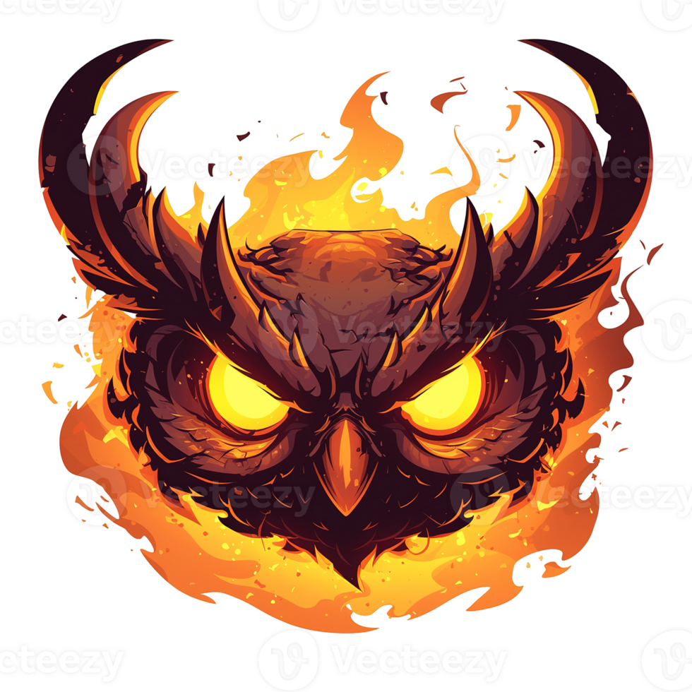 A detailed illustration showing a fiery owl character with glowing eyes png
