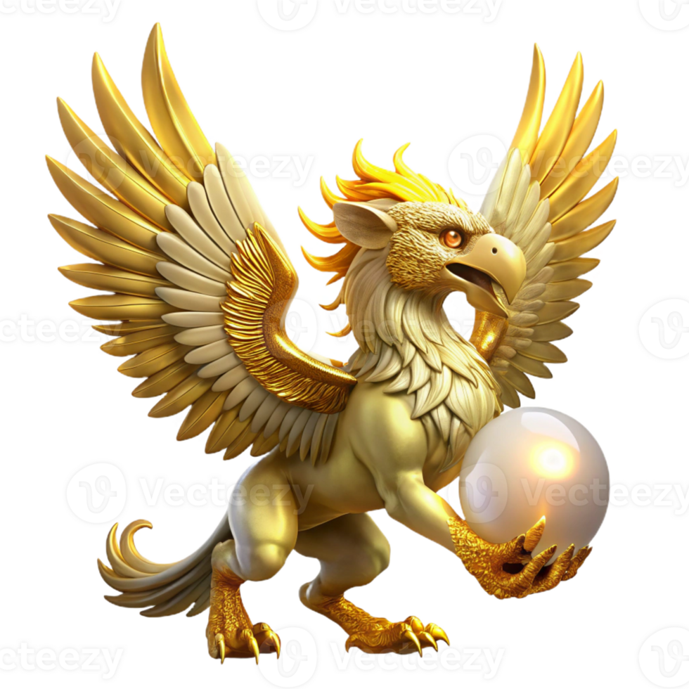 elegant contemporary A majestic griffin, wings spread wide against a fiery sunset, feathers tipped with gold, clutching a glowing orb in its talons, intricate Art Deco style premium png
