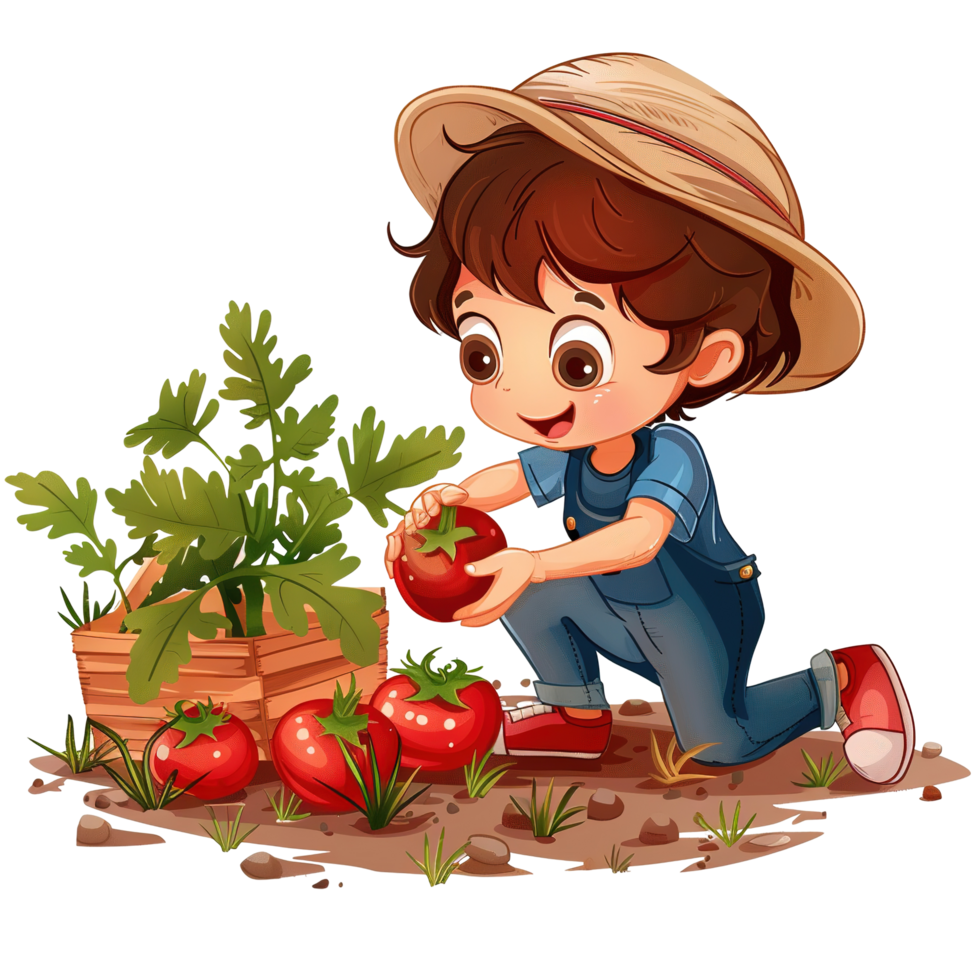 A young child is harvesting ripe tomatoes from their small garden png