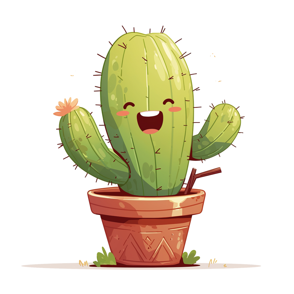 An animated cartoon cactus with a happy smiling expression and pot png
