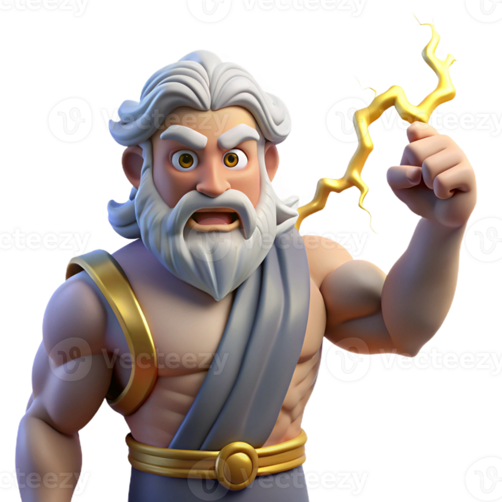 dramatic contemporary A powerful Zeus, holding a thunderbolt, his beard crackling with electricity. Dramatic, stormy lighting. Classical Greek style exclusive png