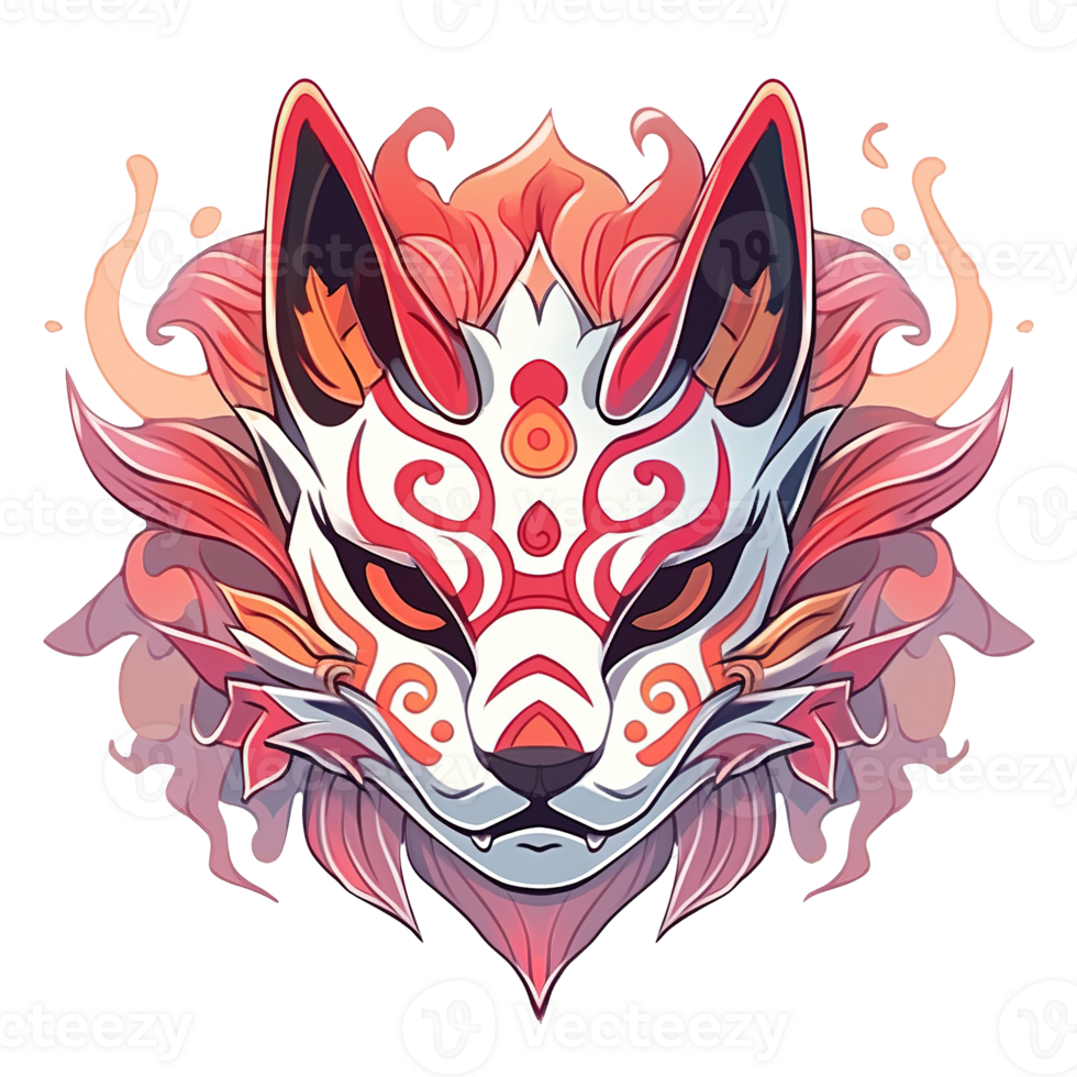 Detailed illustration of a decorated mythical fox mask design png