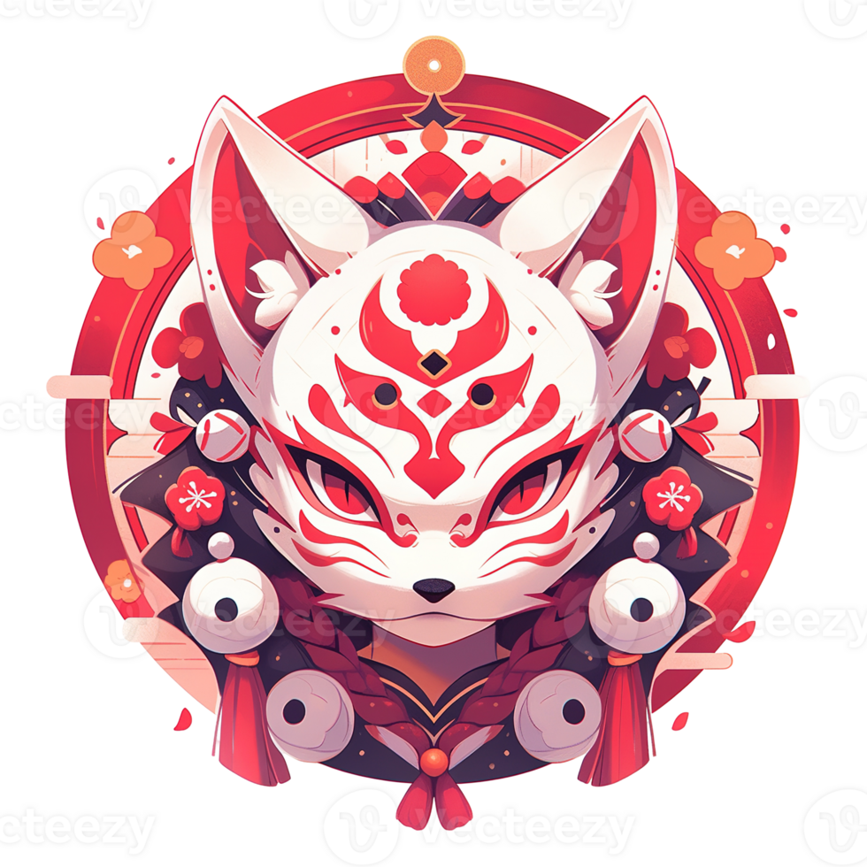 A stylized Japanese fox mask with ornamental red decorations png