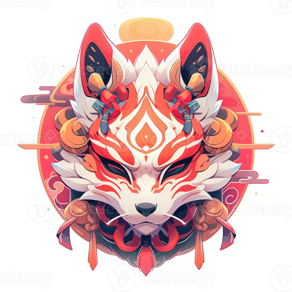 An ornate illustrated fox head wearing a traditional mask decoratively png
