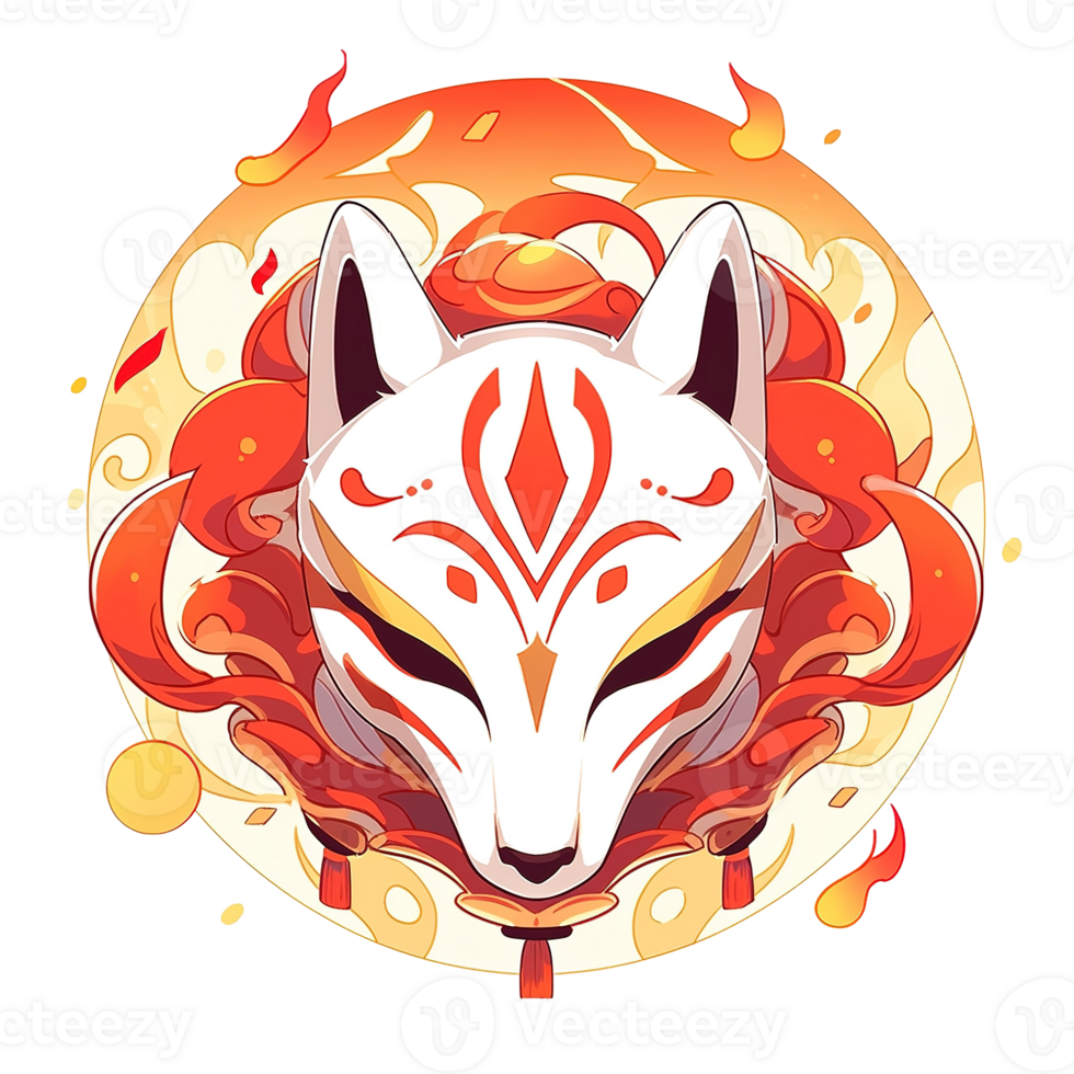 An artistic representation of a decorative fox mask with flames png