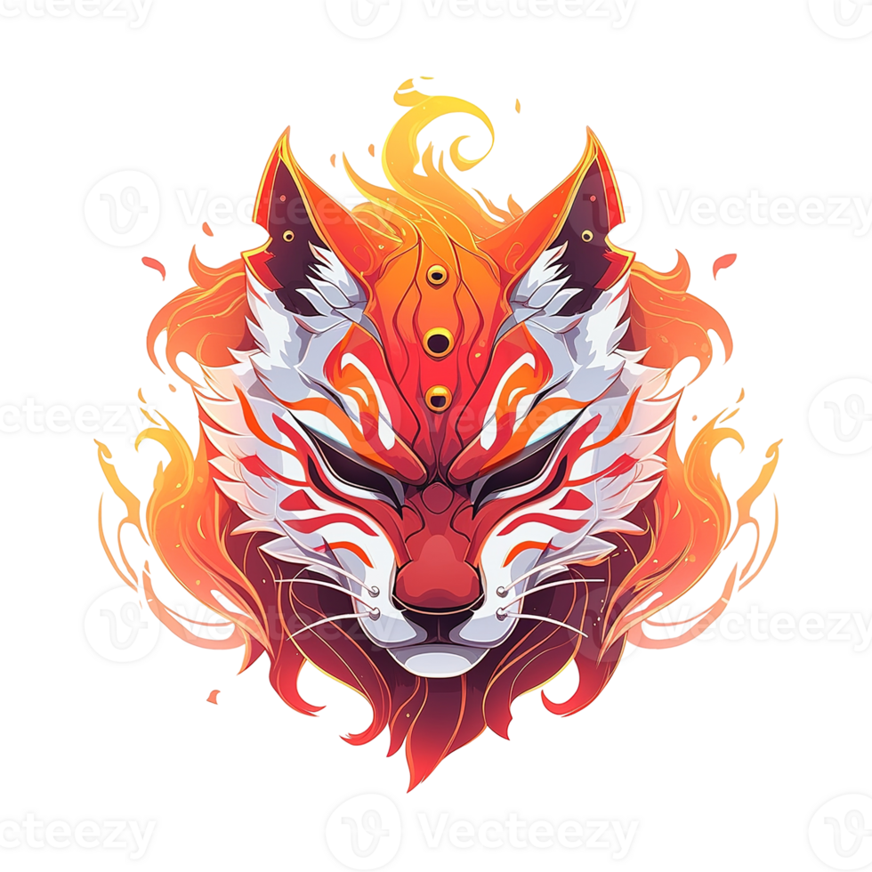 A stylized illustrated face of a fox with detailed fiery elements png