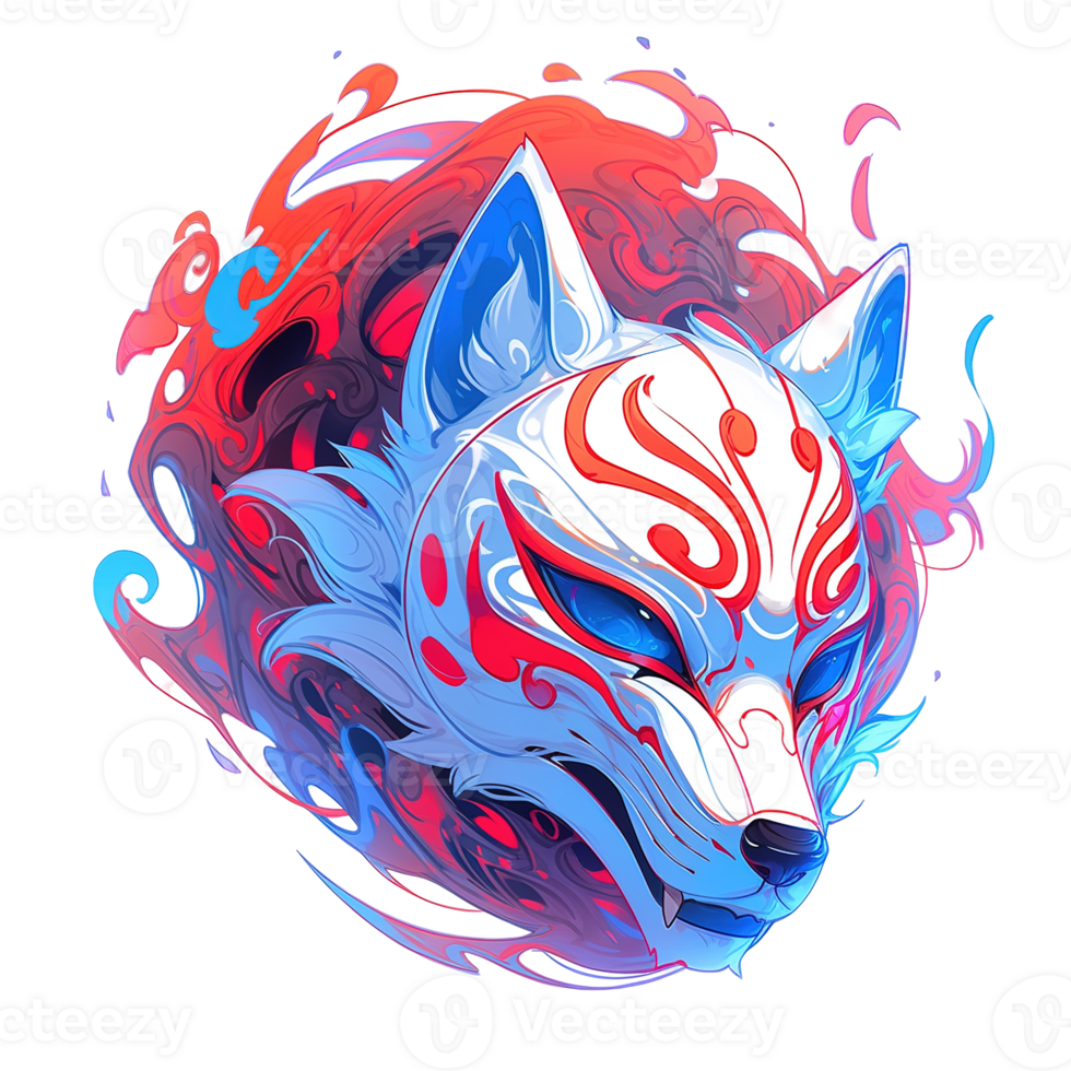 An artistic illustration of a stylized wolf face with colorful patterns png