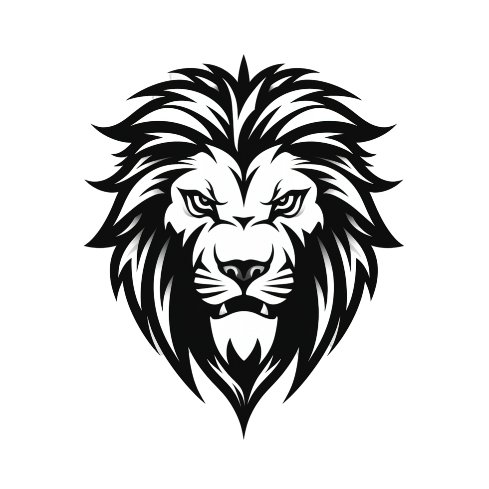 A monochrome illustration depicts a proud lion head facing forward png