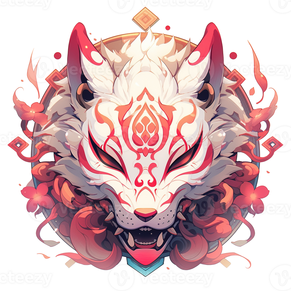 A decorated white fox mask with red markings and floral accents png