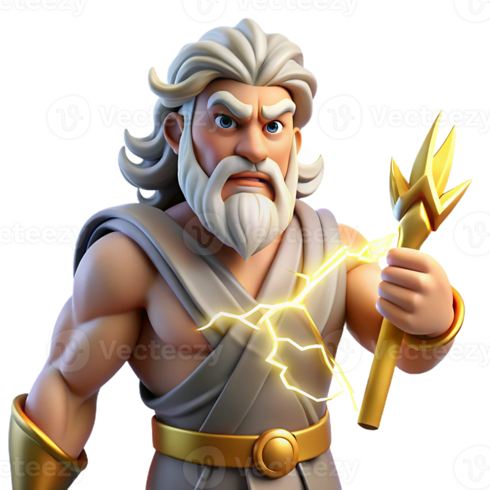 impressive vintage A powerful Zeus, holding a thunderbolt, his beard crackling with electricity. Dramatic, stormy lighting. Classical Greek style high quality png
