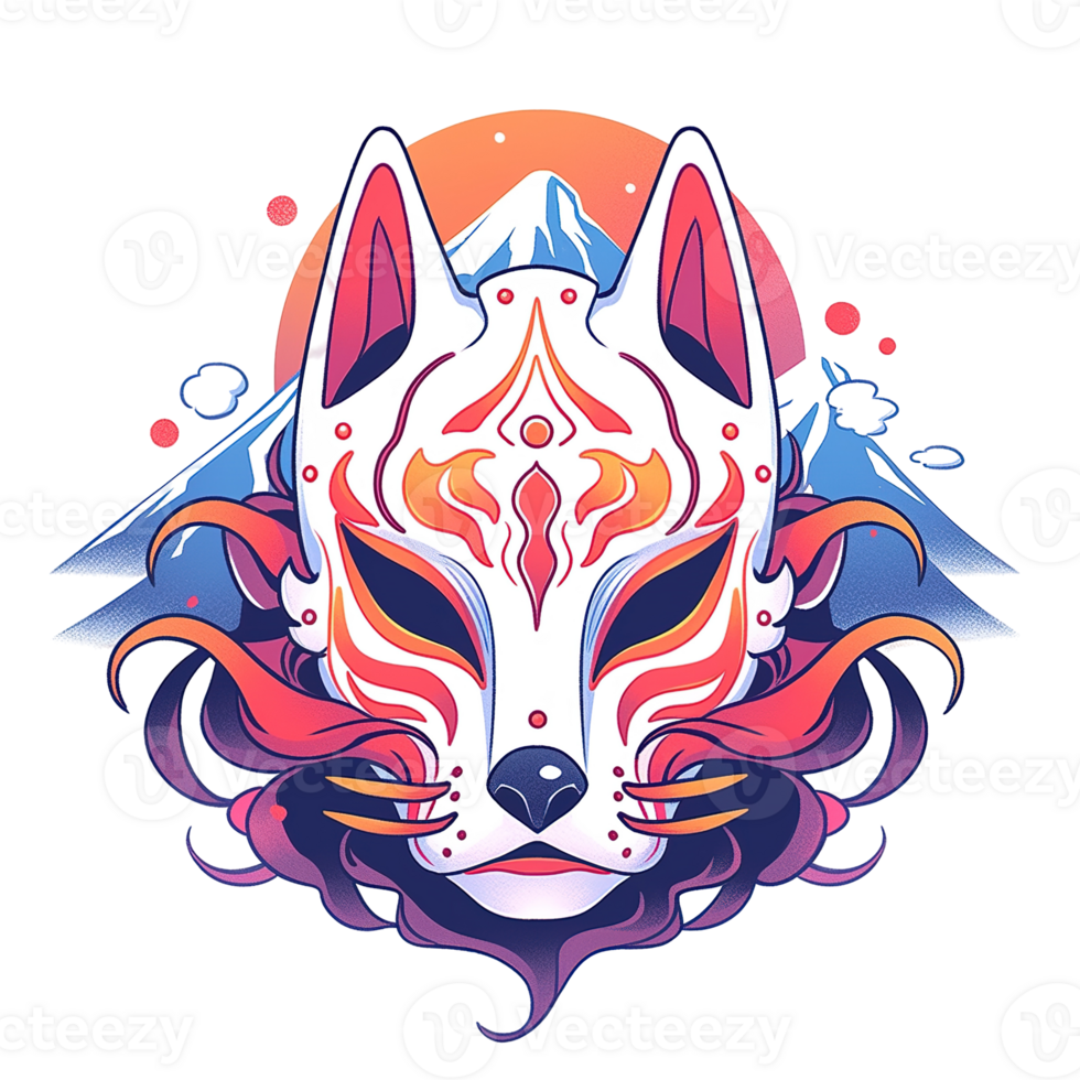 An ornate colorful graphic illustration of a fox mask over a mountain png